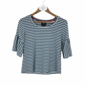 W5 Womens Top S Blue White Stripe 3/4 Flounce Sleeve Stretchy Soft